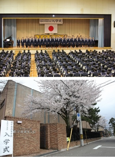 校歌披露、校門前の桜